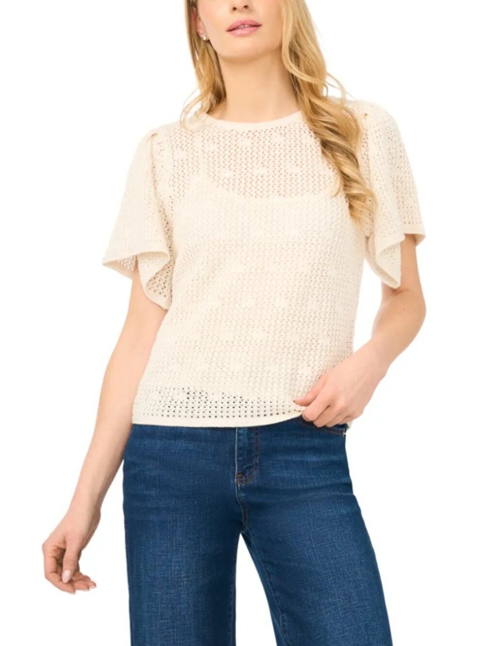 Halogen Short Sleeve Sweater Eggnog Cream Sheer Flutter Sleeve Size S NWT